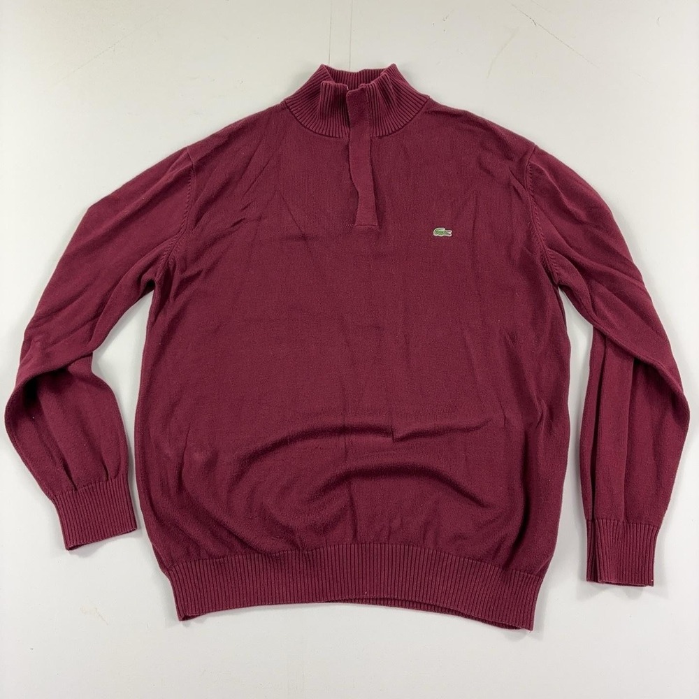 Lacoste Sweater Mens XL Red 1/4 Zip Mock Neck Cotton Tight-Knit Pullover Logo